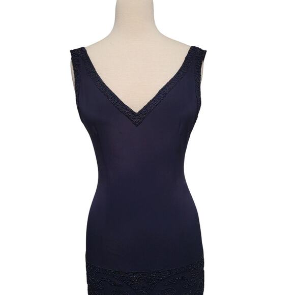 VTG Oleg Cassini Black Tie Beaded Gown Size 4 Navy Sleeveless Evening Formal 90s - Picture 3 of 15